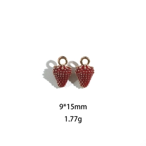 Detailed view of red strawberry pendants with gold loops, sized 9x15mm and 1.77g each
