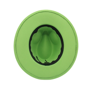 Detail view of the bright green felt fedora interior showing the cotton blend label and sweatband