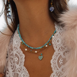 Turquoise Beaded Necklace Stainless Steel Freshwater Pearl Heart Pendant Waterproof Hypoallergenic Bohemian Jewelry Women