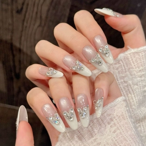Handmade Press On Nails Almond French Tip With Rhinestone Heart Butterfly Ice Transparent Cat Eye Elegant Luxury Women