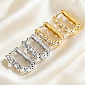 Elegant U-shaped rectangular hoop earrings with zircons in gold and silver plating