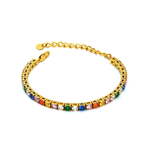 Bracelet tennis en acier inoxydable doré avec zircons multicolores et chaîne ajustable