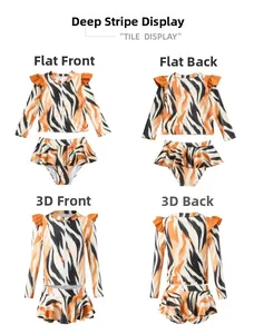 Two-piece girls' long-sleeve swimwear featuring tiger stripes and ruffle details