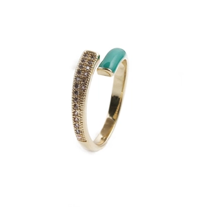 Modern adjustable gold ring with green enamel and micro-set cubic zirconia accents