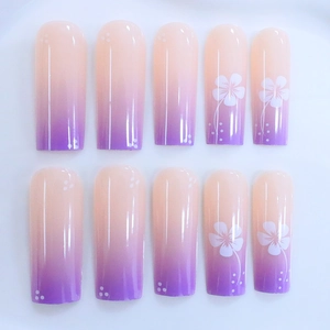 Glossy long square press-on nails with purple gradient and white flower patterns