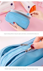 Detail view of double zippers and Velcro closure on the astronaut pencil case