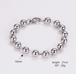 Detail view of 10mm stainless steel bead bracelet with length and weight specifications