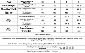 Size chart detail for reversible printed quilted jacket with precise garment measurements