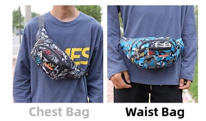 Detailed view of camo graffiti waist bag worn as both a chest pack and belt bag