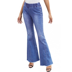Women's blue distressed flared jeans with elastic waist and ripped knees on white background