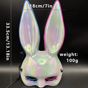 Detailed dimensions of LED bunny mask with holographic finish and EL wire lighting