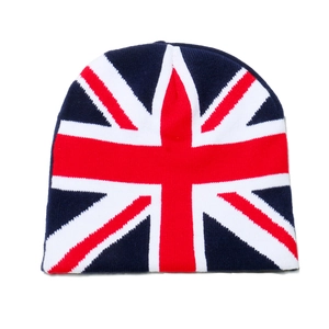 Classic British Union Jack flag knitted beanie hat in red, white and blue colors