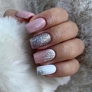 Square Press On Nails Glitter Gradient Pink Silver White Shimmer Fake Nail Art Tips For Women Manicure