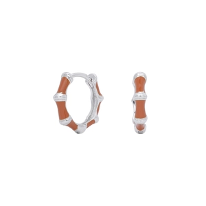 Detailed macro view of S925 sterling silver bamboo hoop earrings with orange enamel