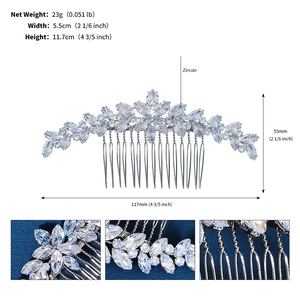 Detail view of zircon flower bridal hair comb showing 11.7cm width and crystal leaf patterns