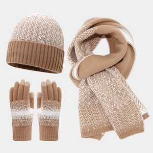 Détail de l'ensemble d'hiver montrant les gants tactiles en tricot marron et blanc