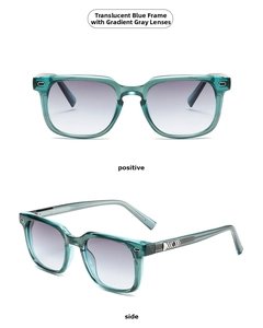 Front and side view of transparent blue square sunglasses with gradient grey lenses