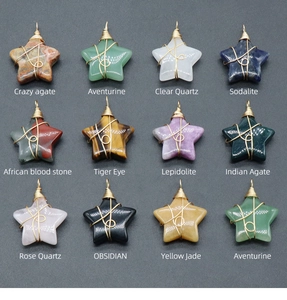 Detailed grid of twelve wire-wrapped star-shaped natural crystal pendants in various gemstones