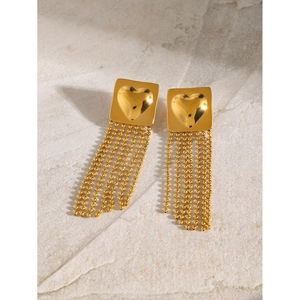 18k gold plated square heart earrings with long gold bead chain tassels on marble background