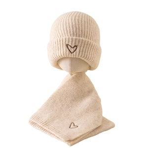 Beige knitted baby beanie and scarf set featuring brown heart embroidery for autumn and winter