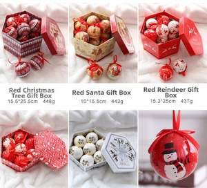 Detailed view of Christmas ball ornaments set with size specs and festive patterns