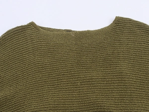 Close-up of the green crewneck knit sweater showing coarse knitting texture and details