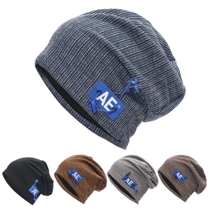Unisex Ribbed Knitted Beanie Hat Acrylic AE Letter Patch Decorative Drawstring Double Layered Outdoor Streetwear Casual