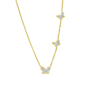 Elegant gold necklace featuring three delicate mother-of-pearl butterfly pendants