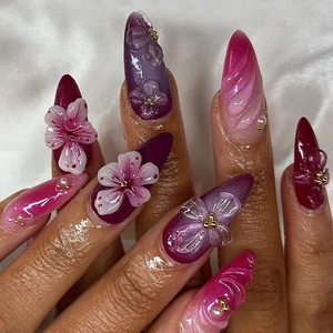 Handmade Press On Nails Long Almond 3D Flower Gradient Purple Pink Cat Eye Rhinestone Artificial Pearl Elegant False Nails For Women