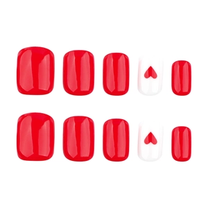 Glossy red and white heart pattern short square press-on nails set of 10 pieces