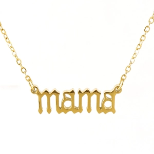 Minimalist gold stainless steel MAMA pendant necklace on a clean white background