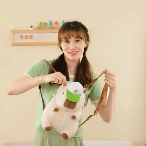 Detail of Capybara plush backpack featuring soft faux fur and adjustable brown straps