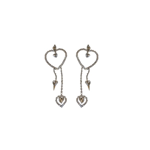 Elegant rhinestone heart tassel earrings with silver finish and sparkling crystal accents