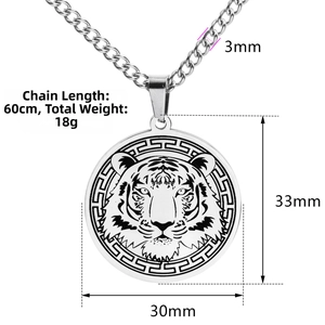 Tiger head pendant necklace detail with 60cm chain length and 33x30mm size specs