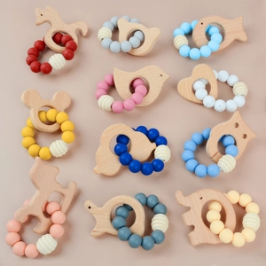 Baby Teether Bracelet Beech Wood Animal Silicone Beads Teething Ring Rattle Sensory Soothing Toy For Infants Toddlers