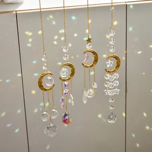 Set of 4 gold suncatchers with moon and stars featuring crystal prisms for rainbow reflection