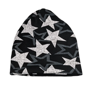 Star pattern knitted beanie hat for winter warmth with a black and grey streetwear style
