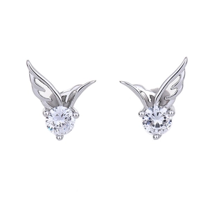Minimalist angel wing stud earrings with round clear zircon in polished silver finish