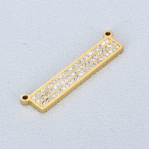 Polished gold rectangular stainless steel pendant featuring three rows of sparkling crystals