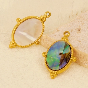 Oval 304 stainless steel pendants with natural white shell and abalone shell in gold bezel