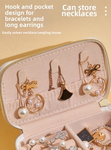 Detail view of the jewelry box hooks and storage pocket for necklaces and earrings