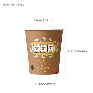 10-piece gambling theme paper cups with slot machine design and detailed dimensions