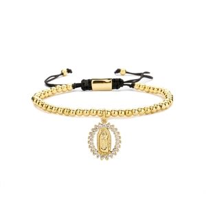 Golden Virgin Mary woven bracelet with white zircon setting and adjustable black cord