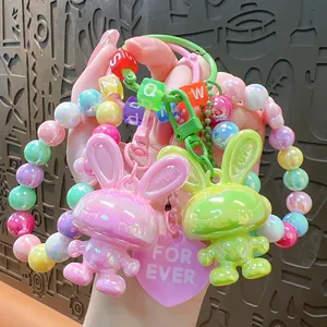 Iridescent Acrylic Beaded Keychain Cartoon Animal Charm Wristlet Bag Ornament Cute Jewelry Accessory For Women Girl