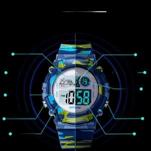 Blue camouflage digital sports watch with LED backlight, alarm, and water resistance functions