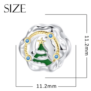Irregular silver Christmas tree bead with green enamel and blue zircon stones 11.2mm