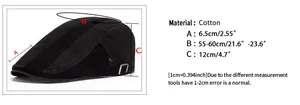 Size chart for unisex cotton beret cap showing brim length, circumference, and depth details