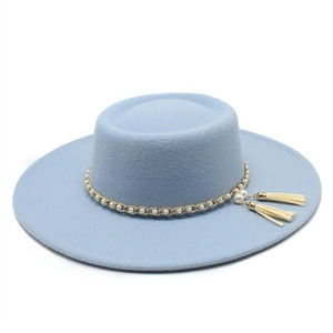 Elegant light blue wool flat top boater hat with gold pearl chain and side tassels