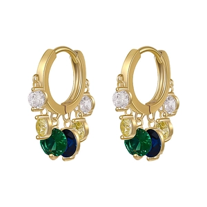 Golden huggie hoop earrings with five multi-color gemstone charms on white background