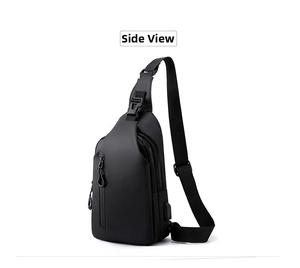 Side view of black business chest bag with USB charging port and water-resistant fabric